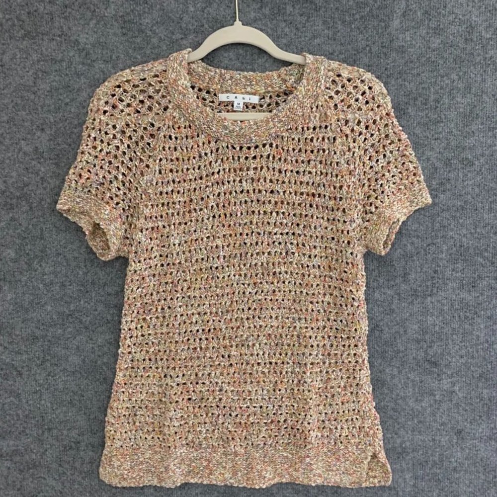Cabi Sz M 100% Cotton Pullover Sweater Top Sorbet Colors Short Sleeve